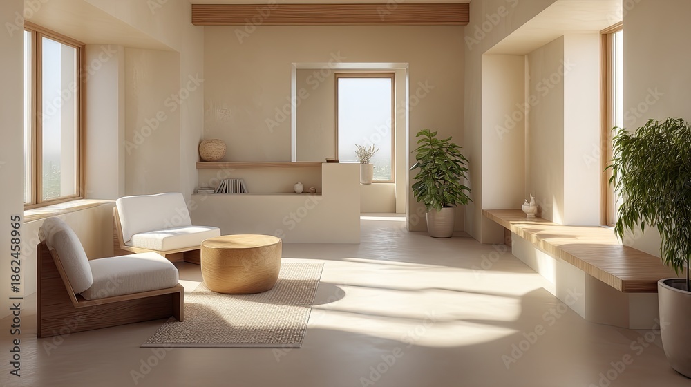 Fototapeta premium Serene Modern Living Room Interior with Natural Light and Minimalist Furniture Design for Relaxing and Peaceful Atmosphere