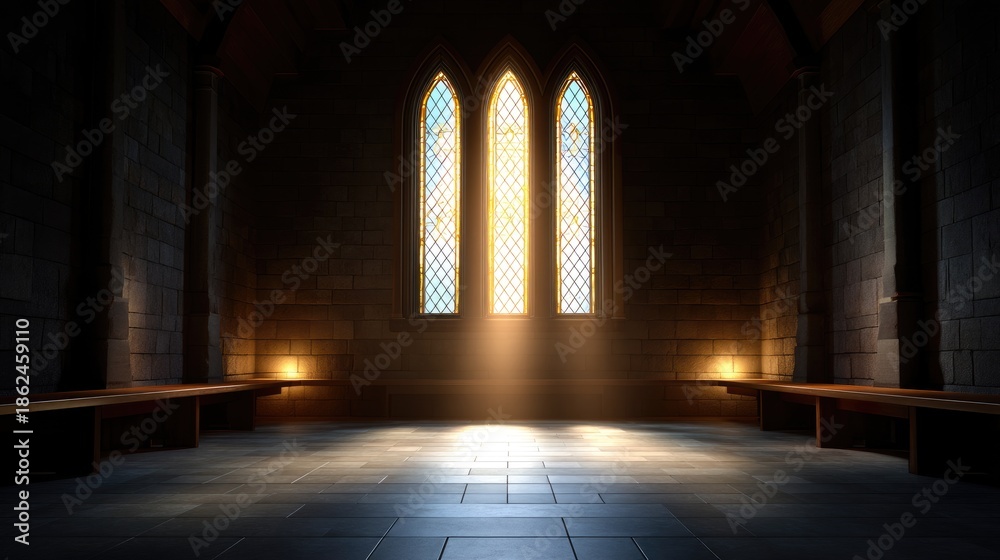Obraz premium Illuminated Stone Room with Colorful Stained Glass Windows and Soft Light Creating a Serene Atmosphere in an Elegant Setting