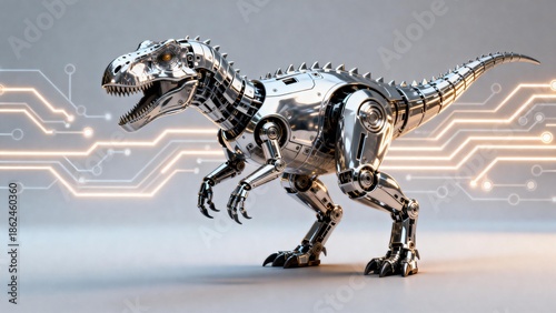 Metallic robotic dinosaur with glowing circuits