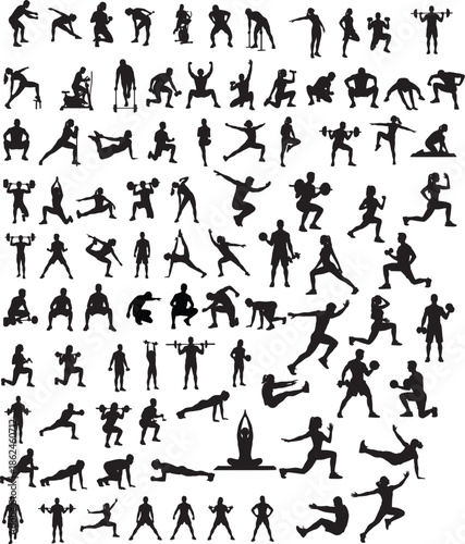 Black silhouettes of people exercising and fitness gym poses, isolated