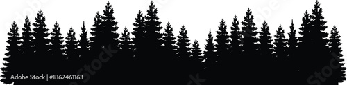 Black evergreen forest silhouette panorama, dense pine trees woodland landscape, natural horizon banner, minimalist nature background, isolated on white