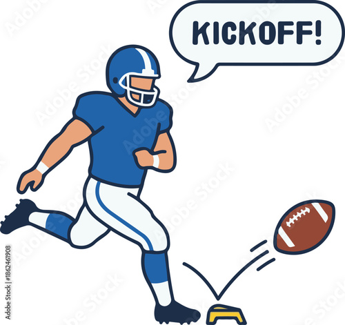 Vector illustration of an American football player running to perform a kickoff from a tee, featuring a speech bubble with the text "KICKOFF!".