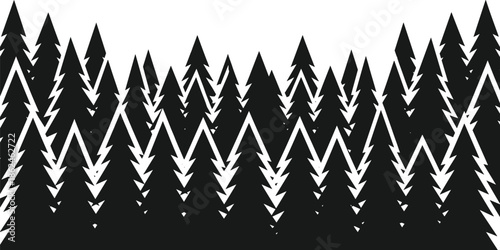 Abstract black pine forest silhouette pattern, geometric evergreen trees, modern woodland background, minimal nature design, isolated on white banner