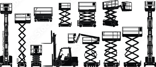 Scissor Lift and Boom Lift Silhouette Set with Forklift Industrial Construction Equipment Vector Illustration