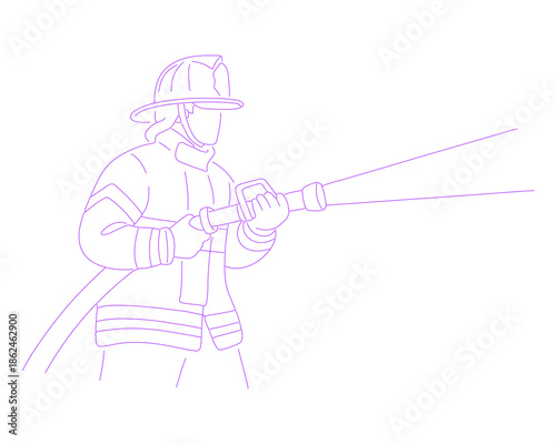 Firefighter Holding Fire Hose Lineart Illustration