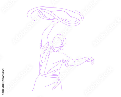 Pizza Chef Spinning Dough Overhead Lineart Illustration