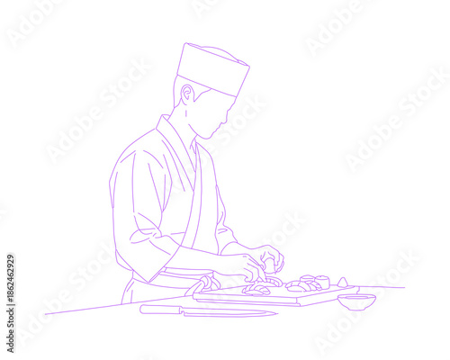 Sushi Chef Preparing Sushi Lineart Illustration