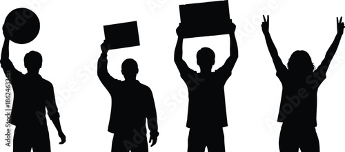 People silhouettes holding signs and celebrating victory, protest success teamwork concept isolated on white background, black human figures vector illustration