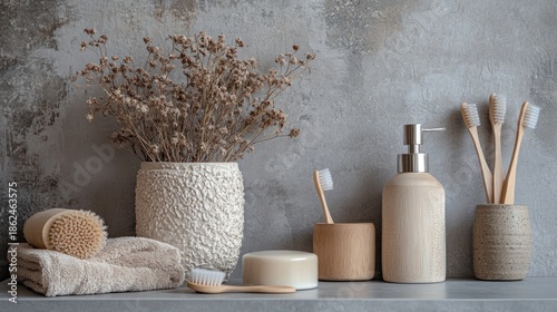 Wooden bathroom accessories with dried flowers minimalist home decor