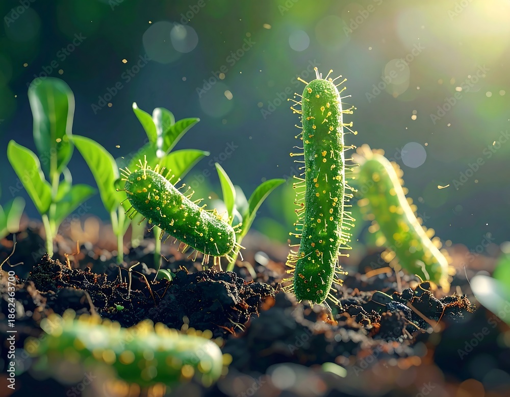 Fototapeta premium Microscopic structures thriving in soil among young green plants