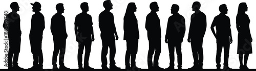 People standing in line silhouette collection showing diverse men and women waiting, queue concept, social behavior illustration isolated white background