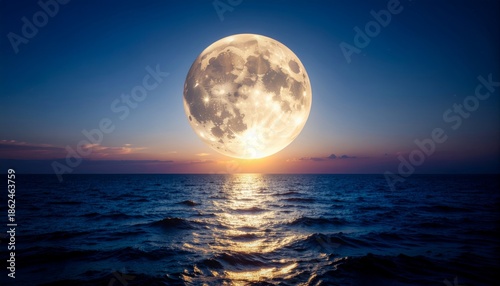 Full Moon Rising Over Ocean Horizon at Sunset.