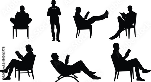 People reading book silhouettes, relaxed sitting and standing poses, leisure lifestyle concept, black vector illustration isolated white background, design graphic