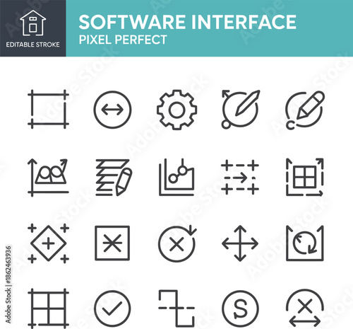 Vector Software Interface Line Icons Set Including Settings Editing Tools Graphs Data Visualization Grid Layouts and Navigation Symbols for UI Design