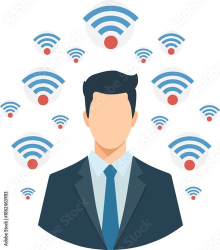 Person surrounded by wifi signals. Flat vector illustration in Corporate Memphis style. Internet connectivity, wireless networking, and digital communication concept isolated on white background.