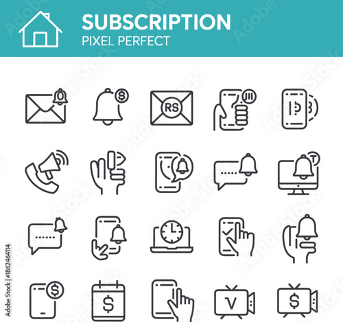 Set of Subscription Line Icons Featuring Notification Bells Email Newsletters Video Streaming Updates Mobile Alerts and Digital Marketing Communication Symbols for Business