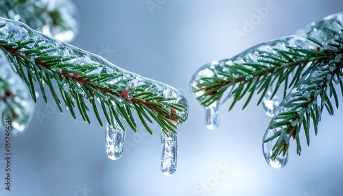 Close-up of evergreen branches encased in a layer of clear ice, highlighting delicate icicles. The backdrop is blurred