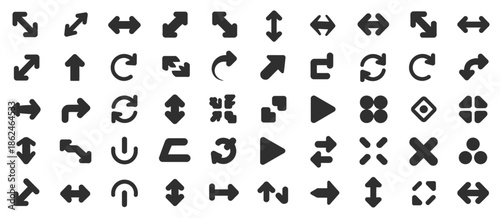 Collection of Black Arrow Icons for Web Design, Featuring Direction Pointers, Navigation Symbols, Forward and Backward Arrows, Vector Graphics