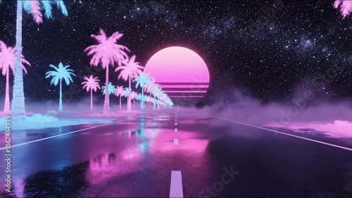 Neon-lit palm trees line a wet road at sunset under a starry night sky with a glowing orb