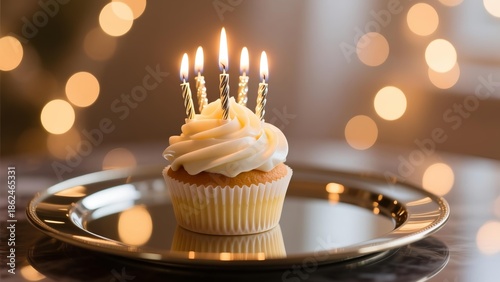 A cupcake with lit candles on a silver tray in a warmly lit setting