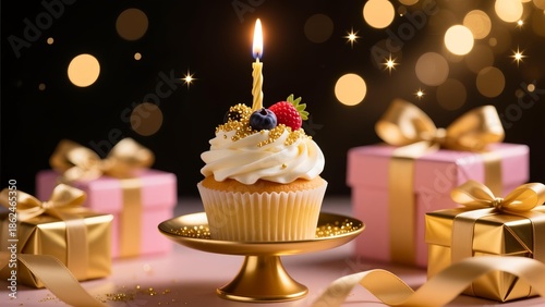 A cupcake with a lit candle on a gold stand surrounded by gift boxes and golden ribbons