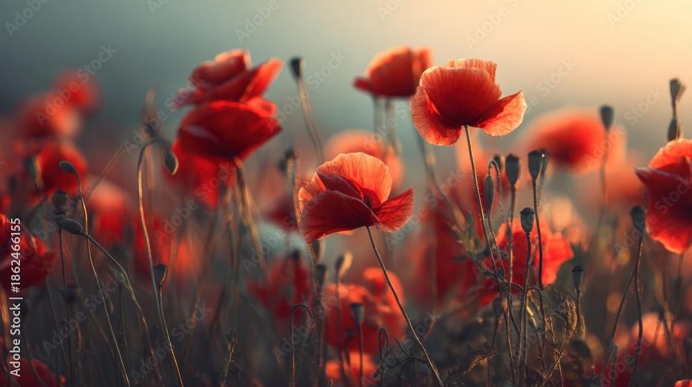 Obraz premium Field of red poppies blossoming in sunlight with a soft focus background