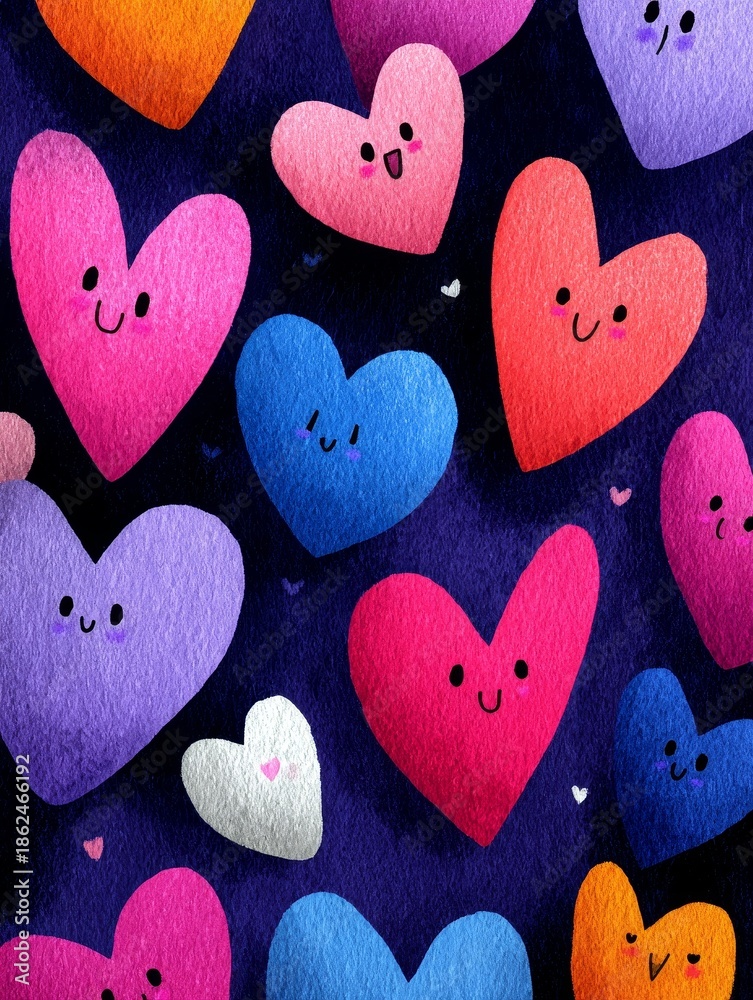 Obraz premium Cute playful hearts spread out in cheerful arrangement, romantic valentine design concept with lovely shapes, bright mood and sweet atmosphere expressing love, joy and fun emotion