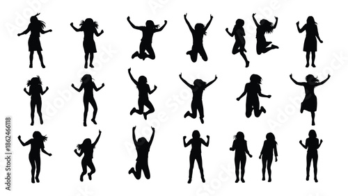 Joyful silhouettes of people jumping and celebrating in various poses