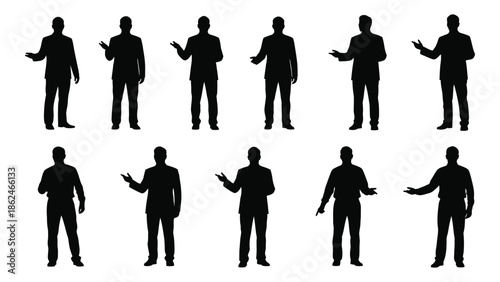 Silhouettes of business people in various poses presenting and gesturing
