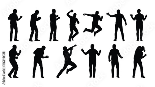 Silhouettes of people in various dynamic poses illustrating motion and activity