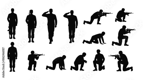 Silhouettes of soldiers in various combat poses demonstrating military actions