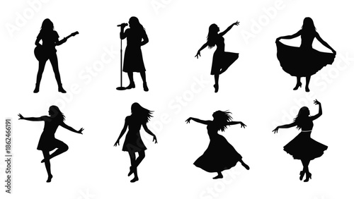 Silhouettes of women dancing and performing with musical instruments