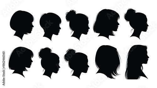 Diverse silhouettes of women s heads and hairstyles in black and white