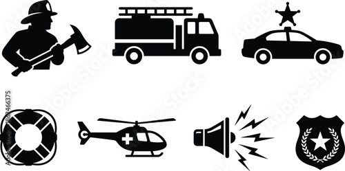 Emergency Services Icons Set Featuring Firefighter, Fire Truck, Police Car, Rescue Helicopter, Siren, Lifebuoy and Law Enforcement Symbols Vector Illustration