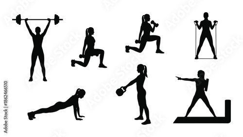 Silhouette illustrations depicting various fitness exercises and athletic human figures