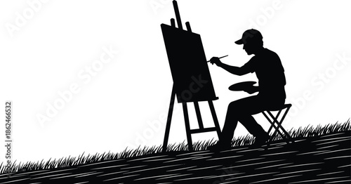 Artist Painting on Easel Silhouette Vector Illustration, Outdoor Creative Process Scene with Painter at Work, Artistic Inspiration Concept Isolated on White Background