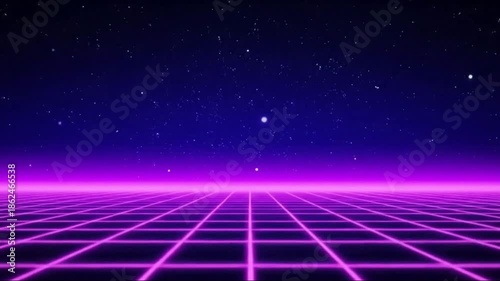 Neon purple grid lines stretch out into a starry night sky with a vibrant glow