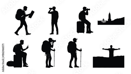 Silhouettes of tourists and travelers engaged in various sightseeing activities