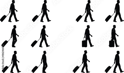 Business traveler walking silhouette set with rolling luggage, airport passenger movement poses in black isolated vector illustration for travel and transport concepts