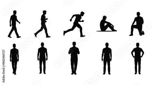 Silhouettes of people in various poses and actions simple black and white