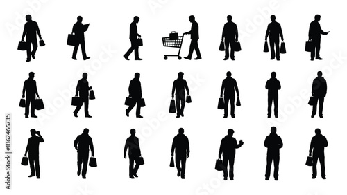 Silhouettes of people walking shopping and commuting in a city environment