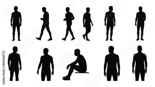 Silhouettes of people in various poses demonstrating human movement and form