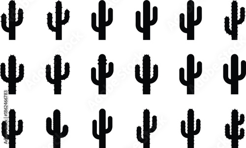 Cactus silhouette illustration set with different desert cactus shapes in black and white for western decor botanical design and nature themed graphics