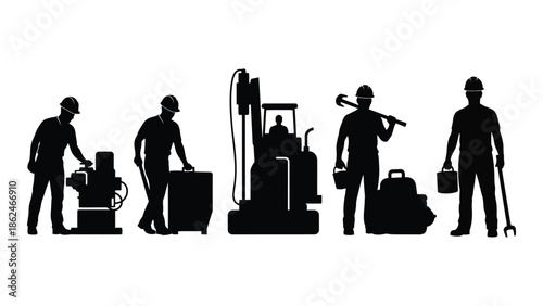Silhouette of construction workers and heavy machinery in a black and white design