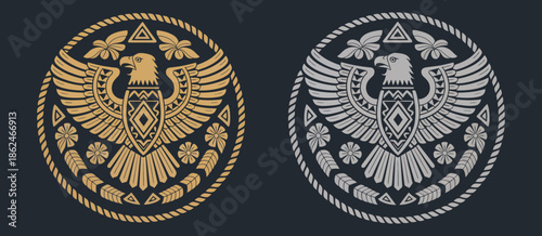 Eagle Native American Style Label Belt Buckle Design, Including Wild West Cowboy Tag Symbols, Stylized Western Rodeo Emblems, Vector Illustration