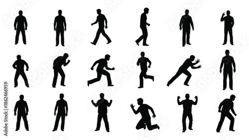 Silhouettes of people in various dynamic poses and movements displayed together