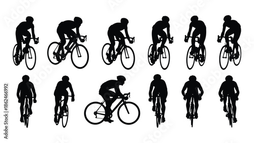 A collection of silhouette images depicting cyclists in various riding positions