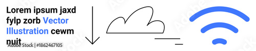 Cloud storage, data transfer, networking, internet access, connectivity, online systems. Simple black cloud with arrow and blue wireless icon. Cloud storage and data transfer concept