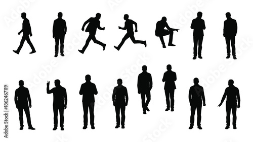 Collection of black silhouette figures depicting various human poses and actions