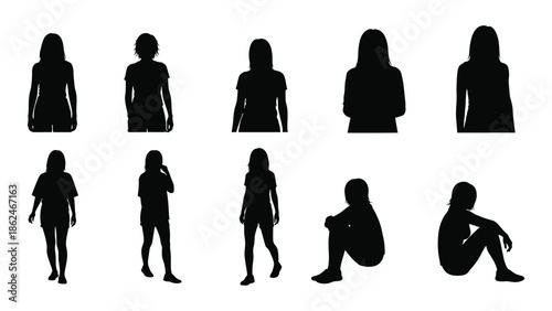 Silhouettes of people in various poses and body shapes isolated on white